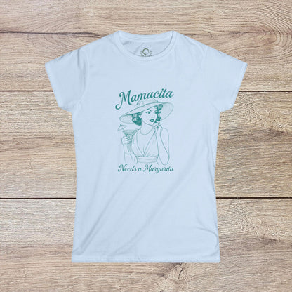 Mamacita Margarita Cotton Tee in white, featuring a vintage-inspired illustration of a woman holding a margarita, promoting a soft, durable fabric with an eco-friendly design.