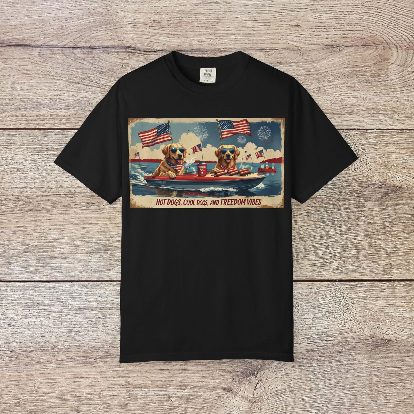 Men's Golden Tee: Comfortable Cotton T-Shirt with Ribbed Collar, featuring a colorful design of dogs with American flags and hot dogs, perfect for casual wear.