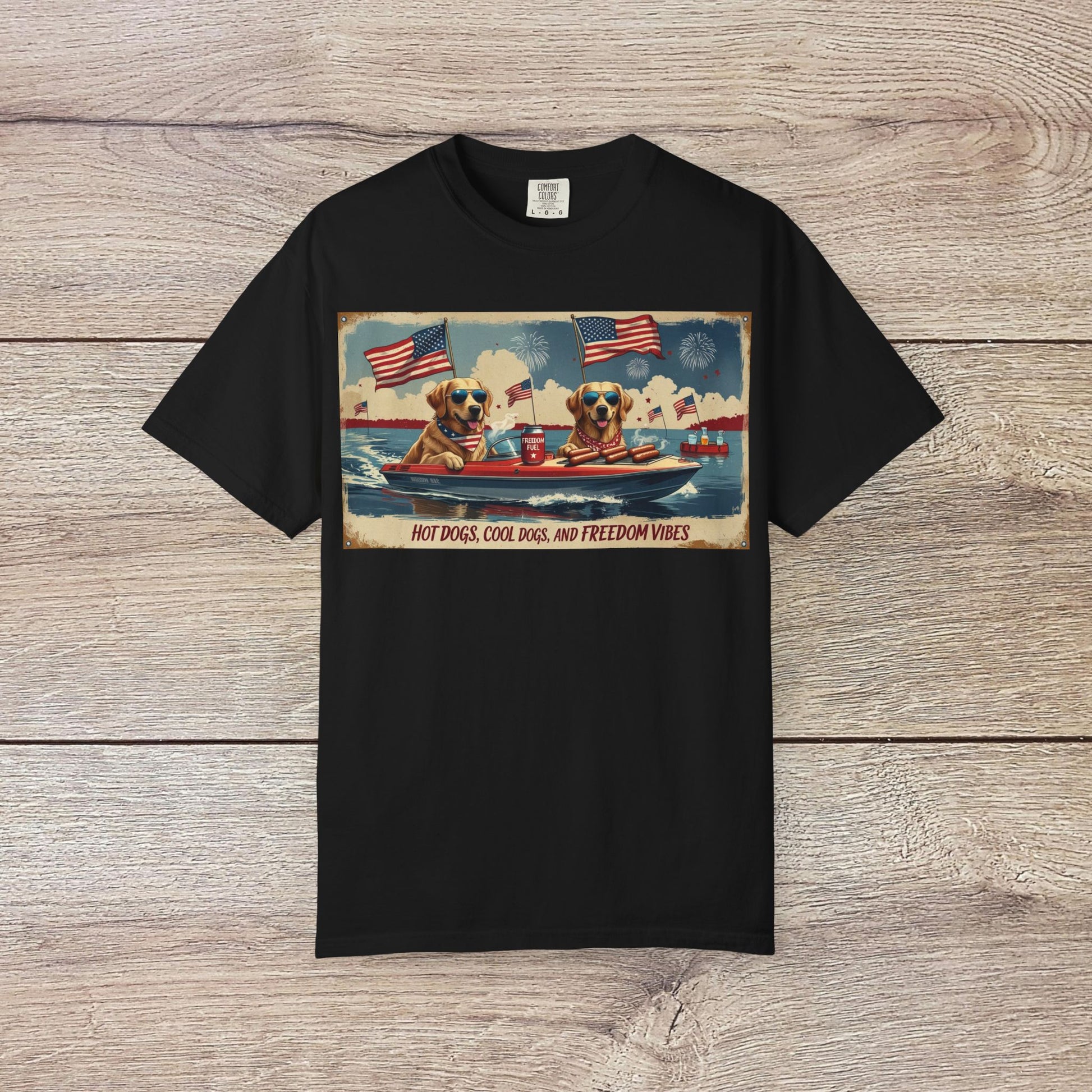 Men's Golden Tee: Comfortable Cotton T-Shirt with Ribbed Collar, featuring a colorful design of dogs with American flags and hot dogs, perfect for casual wear.