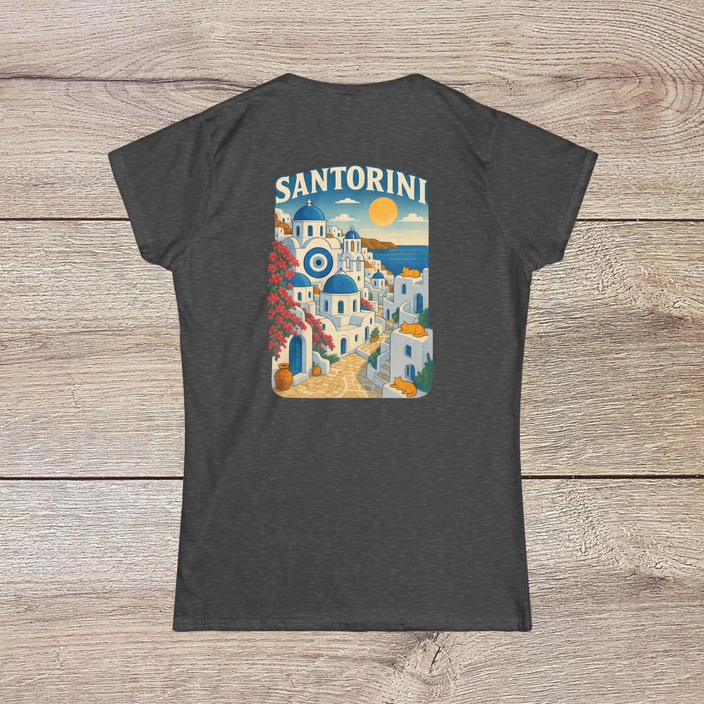 Back view of the Santorini Tee showcasing a vibrant graphic of the Santorini landscape in a seamless design, crafted from 100% ring-spun cotton for comfort and eco-friendliness.