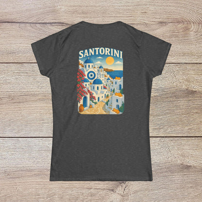 Back view of the Santorini Tee showcasing a vibrant graphic of the Santorini landscape in a seamless design, crafted from 100% ring-spun cotton for comfort and eco-friendliness.