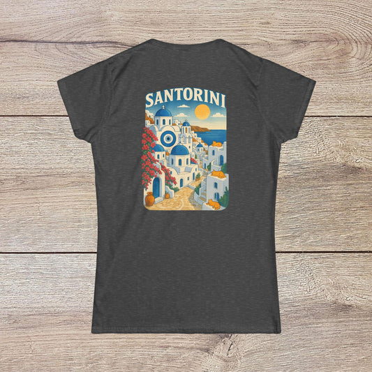 Back view of the Santorini Tee showcasing a vibrant graphic of the Santorini landscape in a seamless design, crafted from 100% ring-spun cotton for comfort and eco-friendliness.
