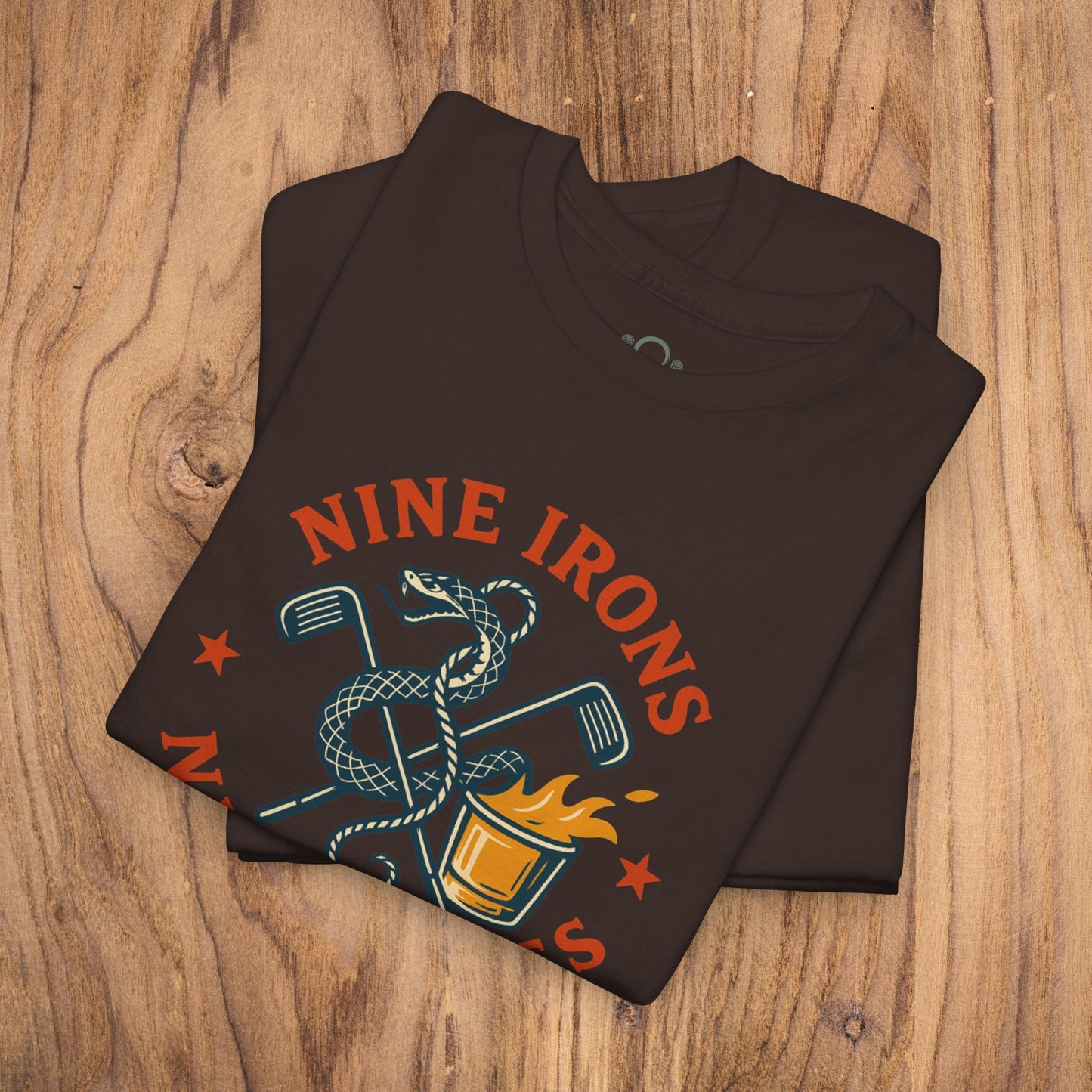Golf-Themed 100% Cotton T-Shirt in rich brown, displaying a unique design with golf clubs and a snake, perfect for golf fans and an excellent gift for dads.
