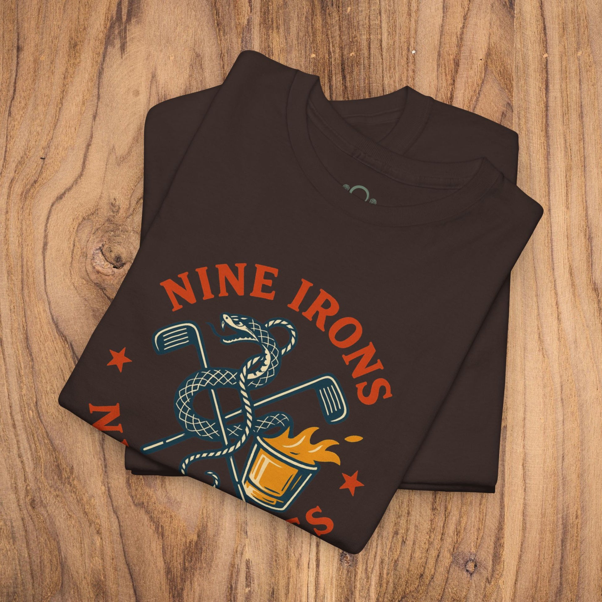Golf-Themed 100% Cotton T-Shirt in rich brown, displaying a unique design with golf clubs and a snake, perfect for golf fans and an excellent gift for dads.