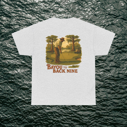 Bayou To Back Nine Softstyle Golf Tee in heather gray, highlighting a nostalgic golf scene, perfect for a stylish and comfortable look.