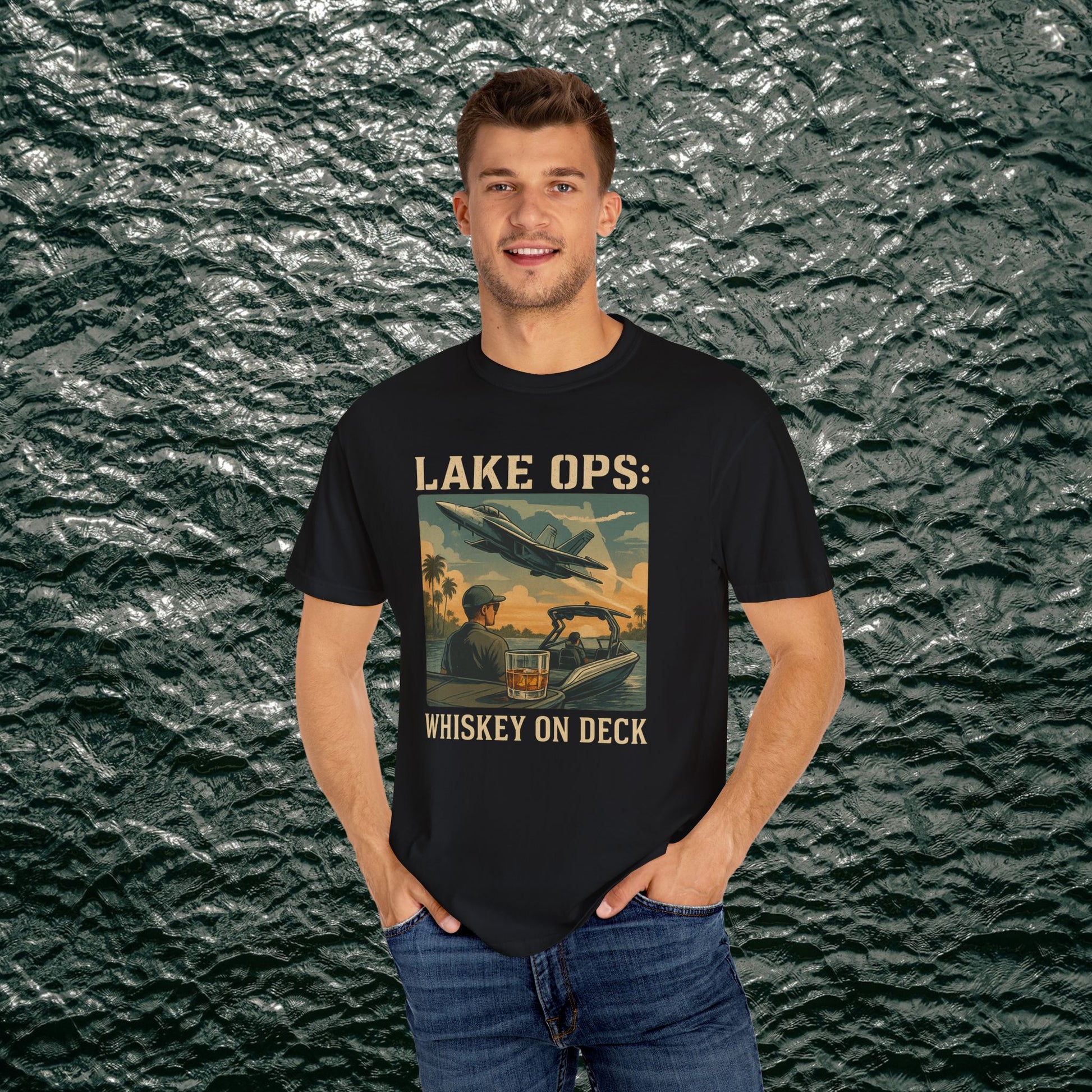 Garment-Dyed Comfort Tee for Adults with Lake Ops Whiskey on Deck design in black, designed from 100% ring-spun cotton. Available in sizes S-4XL, perfect for relaxed settings.