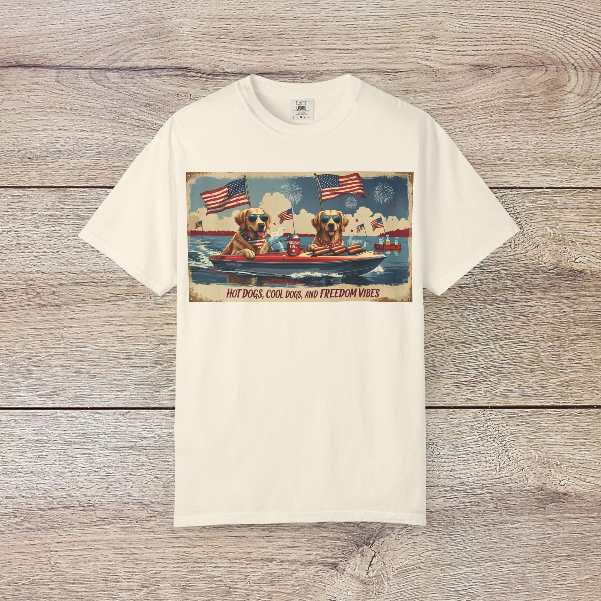 Men's Golden Tee: Comfortable Cotton T-Shirt with Ribbed Collar, featuring a light-colored design of fun-loving dogs with American flags and hot dogs, perfect for any casual occasion.