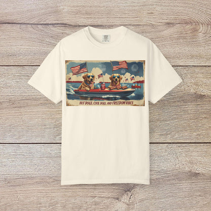 Men's Golden Tee: Comfortable Cotton T-Shirt with Ribbed Collar, featuring a light-colored design of fun-loving dogs with American flags and hot dogs, perfect for any casual occasion.
