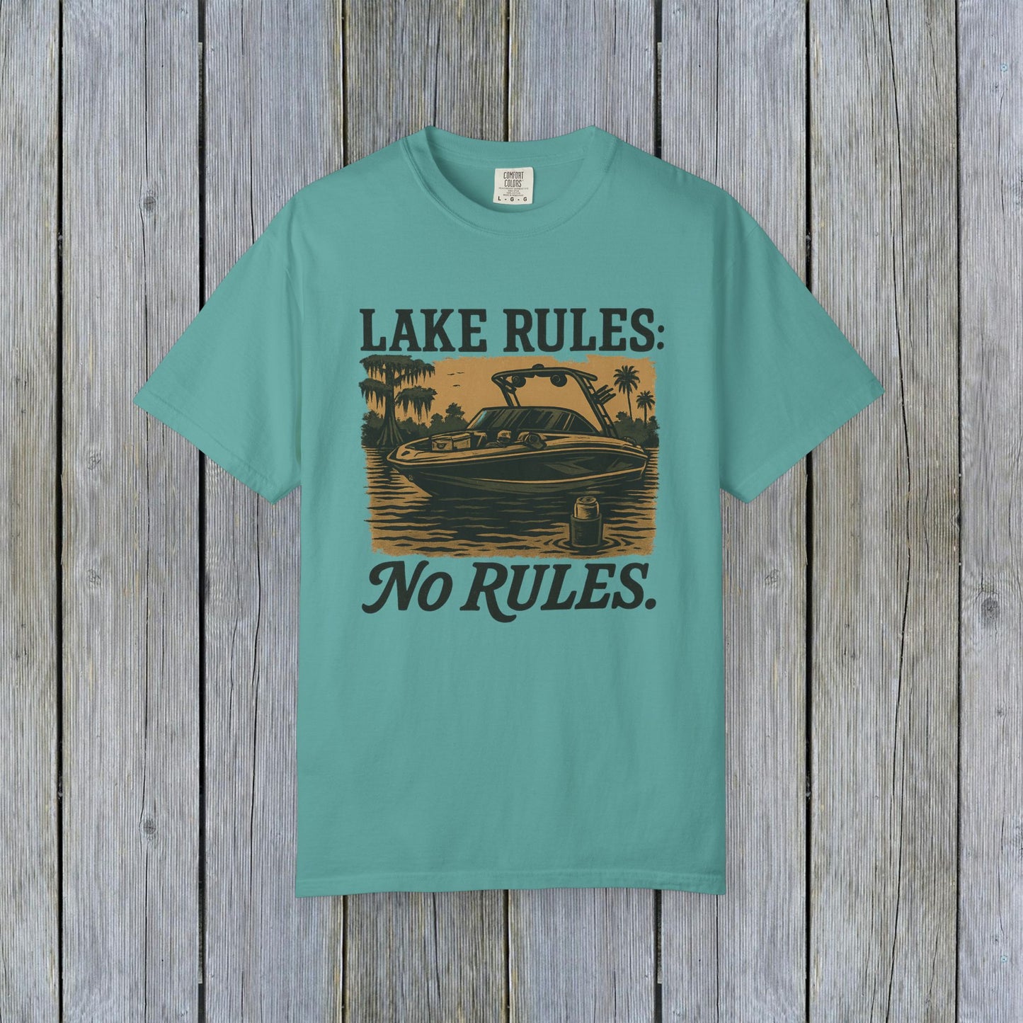Unisex Garment-Dyed Lake Rules Tee in turquoise showcasing 'Lake Rules: No Rules' lettering, ideal for casual outings and summer adventures.