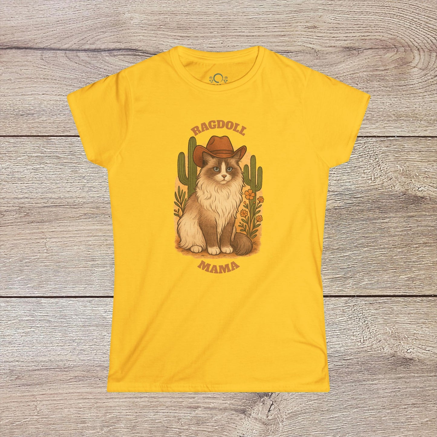 Ragdoll Mama T-Shirt in yellow showcasing a charming Ragdoll cat illustration with a cowboy hat, ideal gift for animal lovers.