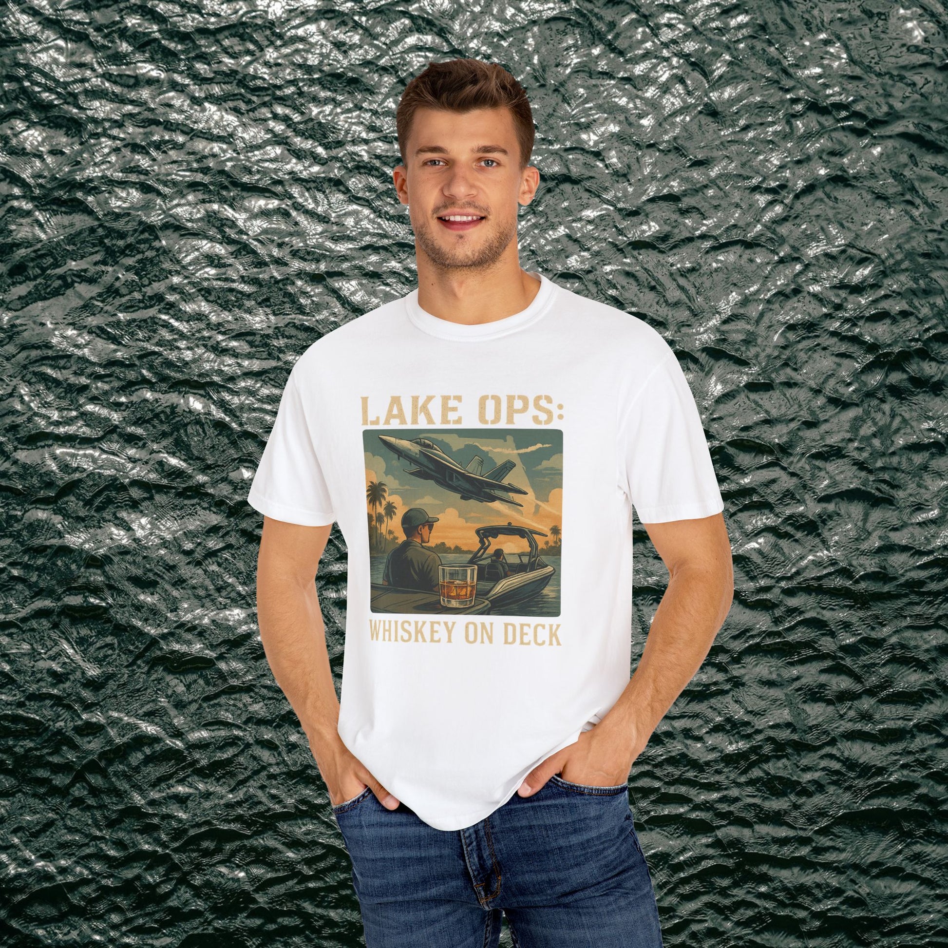 Garment-Dyed Comfort Tee For Adults in classic white showcasing a unique 'Lake Ops: Whiskey On Deck' design. Ideal for a relaxed summer day.