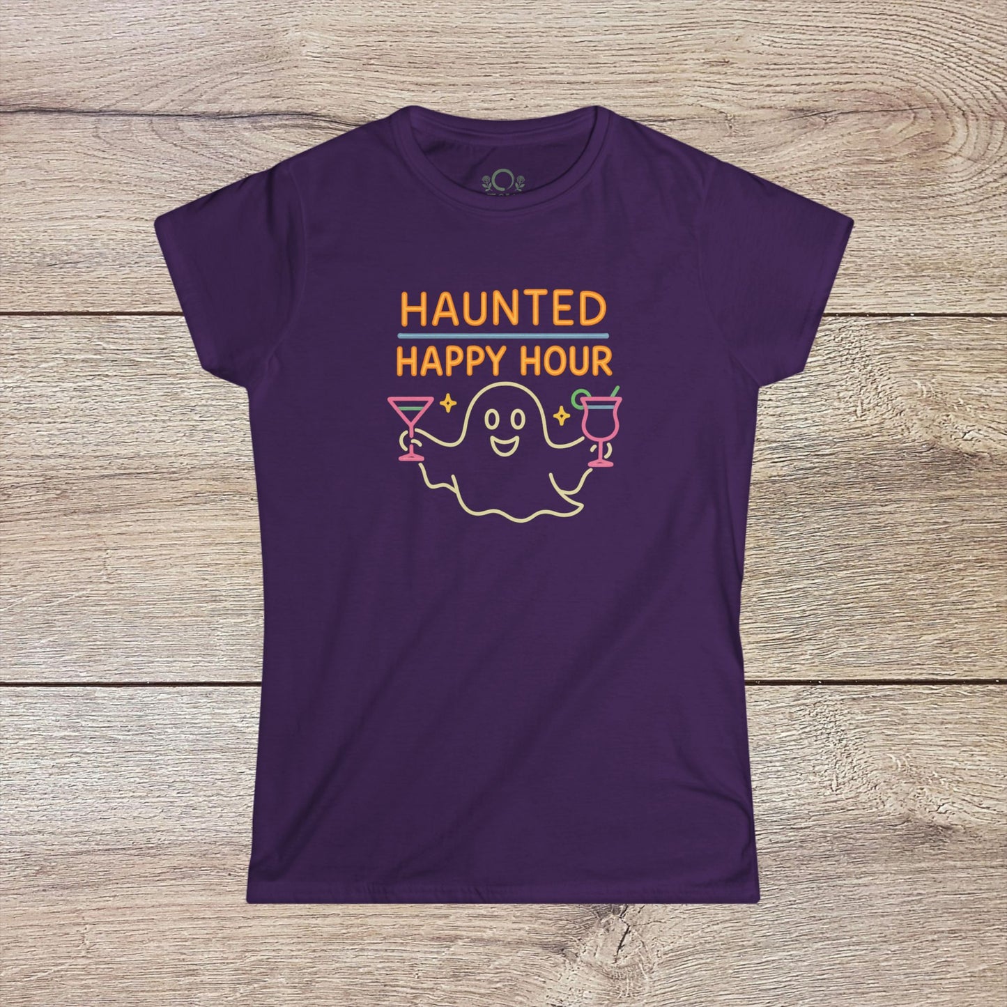 Haunted Happy Hour T-Shirt in purple with a playful ghost and drinks design, ideal for Halloween gatherings and casual wear.