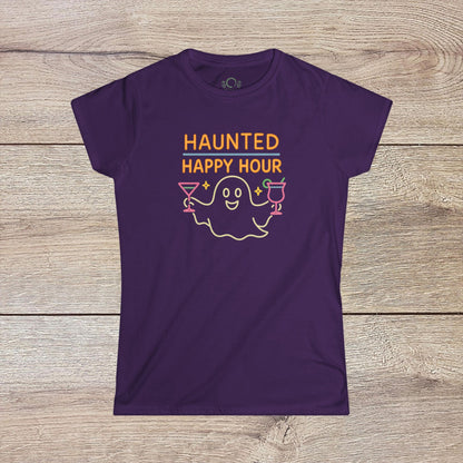 Haunted Happy Hour T-Shirt in purple with a playful ghost and drinks design, ideal for Halloween gatherings and casual wear.