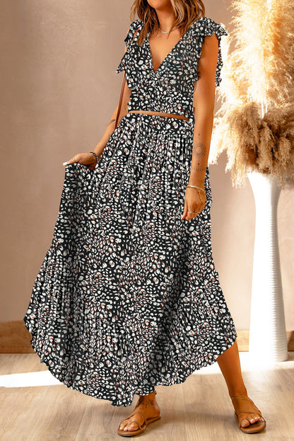 Floral Print Tie-Back Cropped Top & Maxi Skirt Set - Chic Summer Outfit showcasing a modern, textured black and white floral design, perfect for summer events.