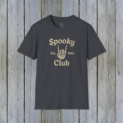 Unisex Spooky Club Tee in dark heather gray, featuring a stylish skeleton hand graphic and 'Spooky Club Est. 1994' text, designed for comfort and Halloween flair.