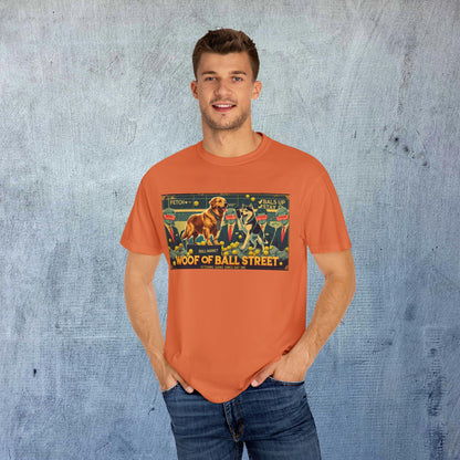 Model wearing the Sleek Woof of Ball Street T-Shirt in orange, proudly displaying a fun and engaging graphic that adds style and comfort.