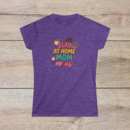 Slay At Home Mom T-Shirt in purple color featuring a fun graphic design with coffee and slippers. Comfortable cotton tee available in sizes S-4XL.