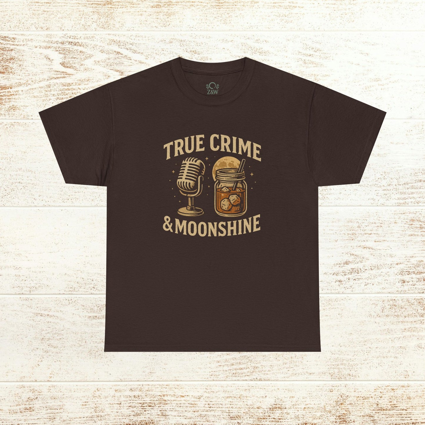 True Crime & Moonshine Unisex Graphic Tee - Vintage Casual Wear for True Crime Lovers featuring a vintage microphone and moonshine jar design on a brown background.