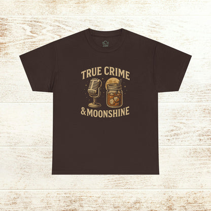 True Crime & Moonshine Unisex Graphic Tee - Vintage Casual Wear for True Crime Lovers featuring a vintage microphone and moonshine jar design on a brown background.