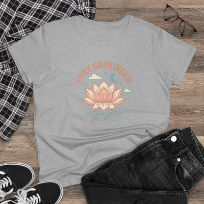 Stylish Stay Grounded Spiritual Tee displayed with casual attire, ideal for festivals, vacations, and everyday wear.