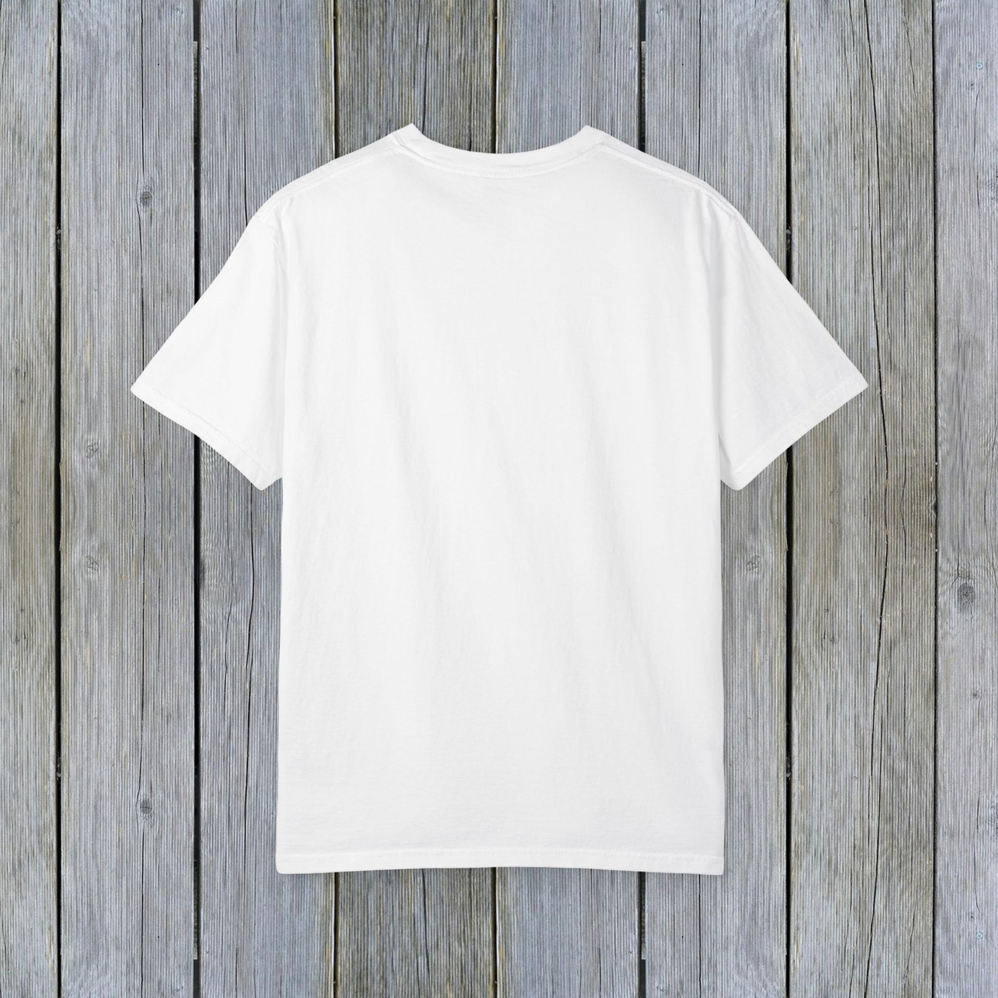 The back view of the Unisex Garment-Dyed Lake Rules Tee, highlighting its simple and comfortable design, ideal for casual outings and leisure wear.