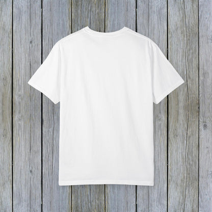 The back view of the Unisex Garment-Dyed Lake Rules Tee, highlighting its simple and comfortable design, ideal for casual outings and leisure wear.