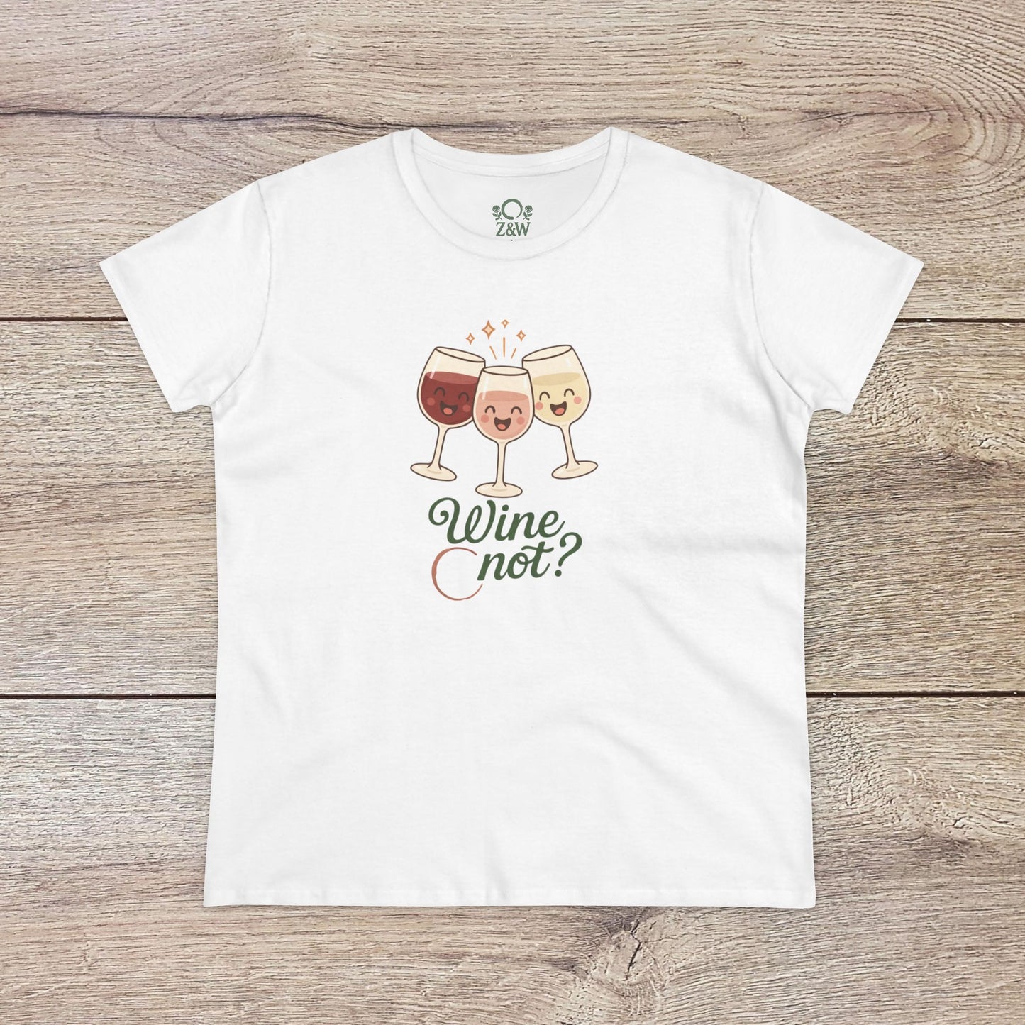 Wine Not Tee in classic white, showcasing a fun wine glasses design, ideal for casual outings.