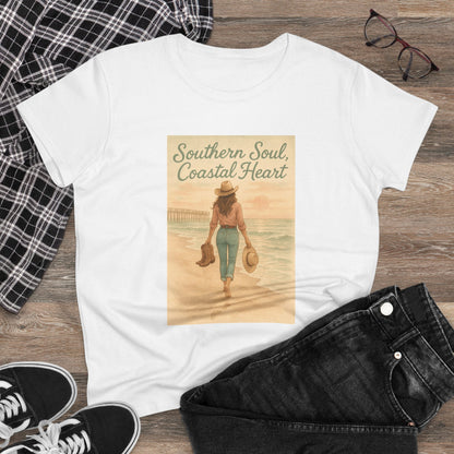 Southern Soul Coated Heart Tee in white paired with denim, highlighting the stylish coastal design that's perfect for casual outings.