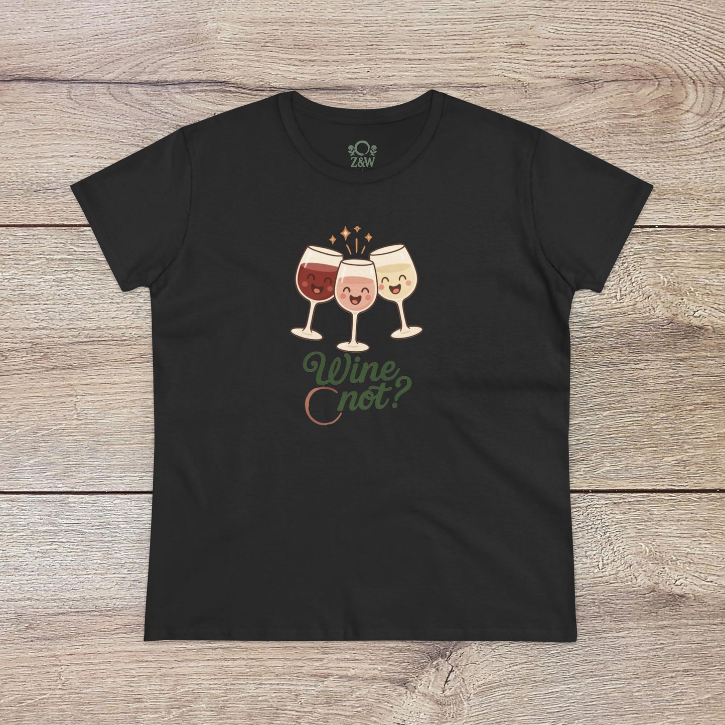 Wine Not Tee in sleek black, with a lighthearted wine glasses illustration, perfect for a stylish, relaxed look.