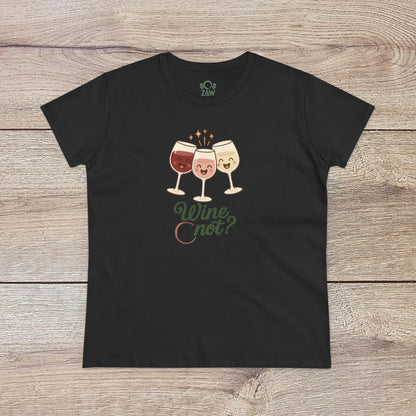 Wine Not Tee in sleek black, with a lighthearted wine glasses illustration, perfect for a stylish, relaxed look.