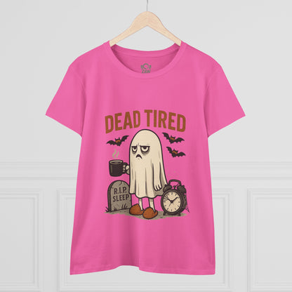 Front view of the cute whimsical ghost t-shirt for Halloween, highlighting the playful 'Dead Tired' graphic and vibrant colors, great for festive occasions or lounging.