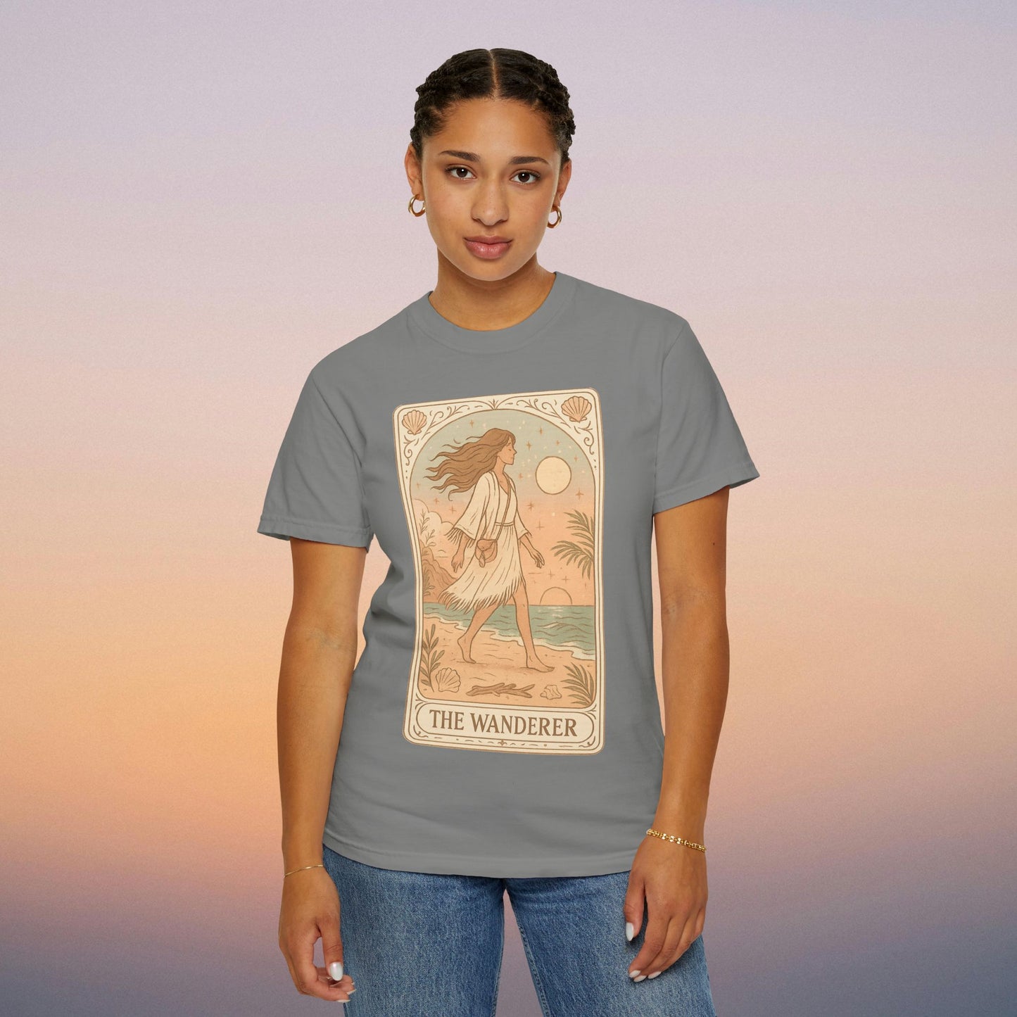 Wanderer Tarot Graphic Tee in gray hue, showcasing a captivating depiction of a wanderer, made ethically with 100% cotton fabric, sized from S to 4XL, perfect for stylish comfort.