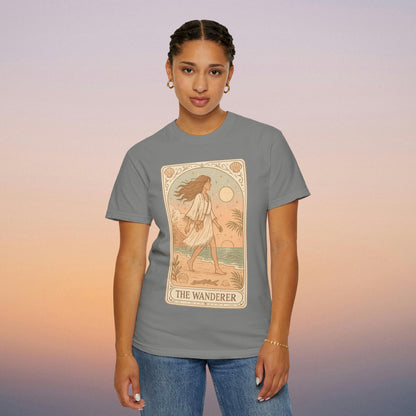 Wanderer Tarot Graphic Tee in gray hue, showcasing a captivating depiction of a wanderer, made ethically with 100% cotton fabric, sized from S to 4XL, perfect for stylish comfort.