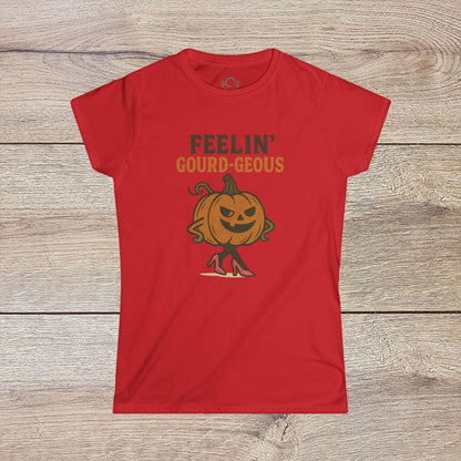 Gourd-geous Halloween Pumpkin T-Shirt in red, highlighting a fashionable pumpkin with heels, great for a festive Halloween look.