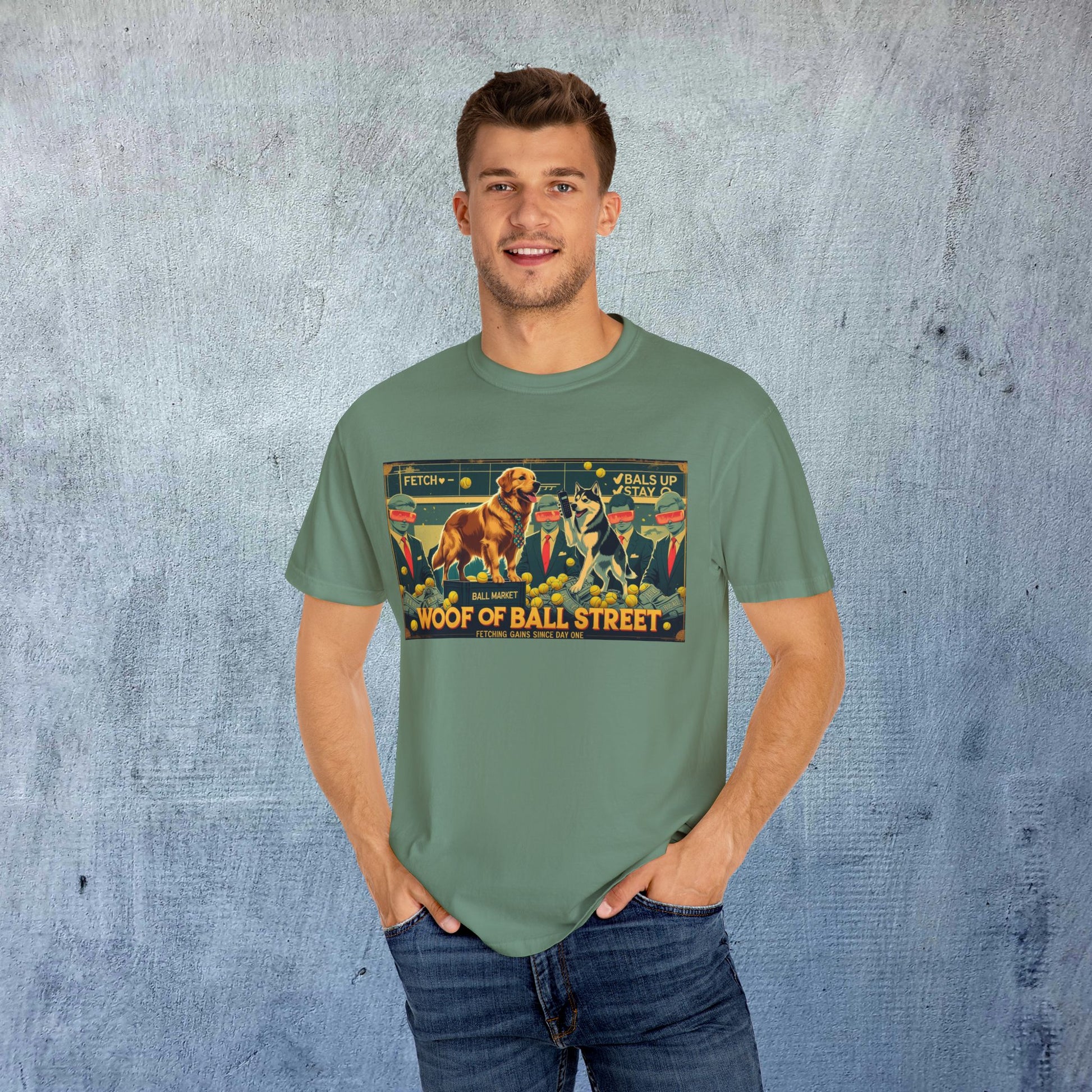 Man wearing Sleek Woof of Ball Street T-Shirt, showcasing the fun dog-themed design, perfect for pet lovers.
