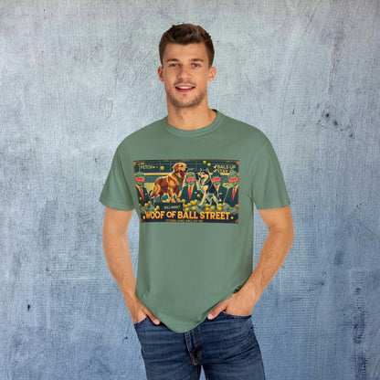 Man wearing Sleek Woof of Ball Street T-Shirt, showcasing the fun dog-themed design, perfect for pet lovers.