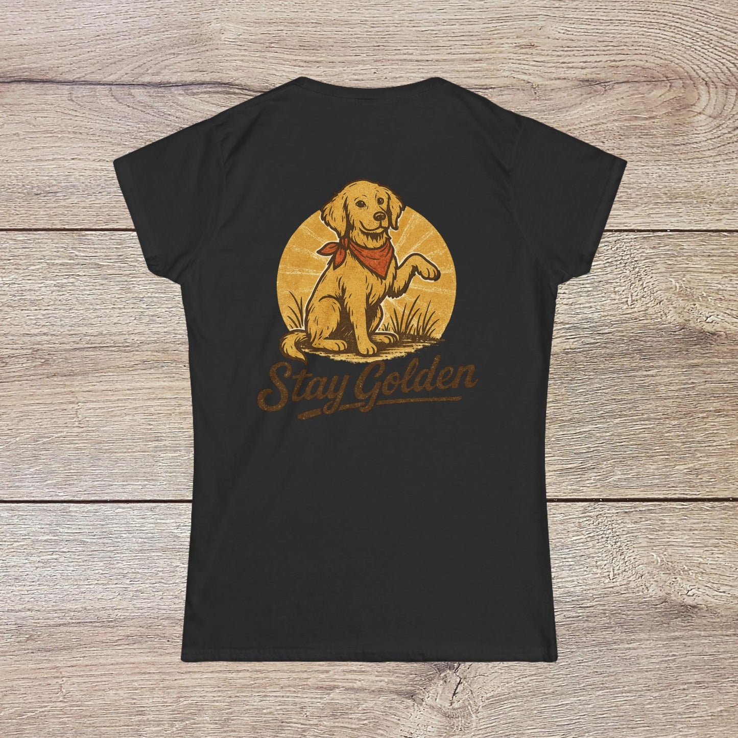 Back view of the Stay Golden Dog Tee, featuring a charming illustration of a golden retriever with a bandana, perfect for dog lovers.