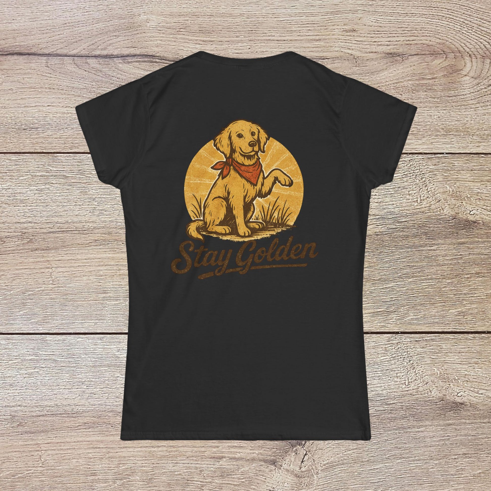 Back view of the Stay Golden Dog Tee, featuring a charming illustration of a golden retriever with a bandana, perfect for dog lovers.