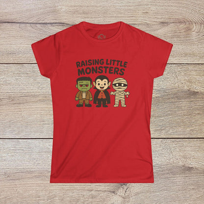 Red Halloween Family T-Shirt displaying cute cartoon versions of Frankenstein, a vampire, and a mummy, an excellent choice for kids' Halloween costumes - Raising Little Monsters Cute Kids Tee.