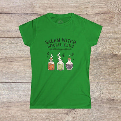 Salem Witch Social Club Graphic Tee featuring charming potion bottles and spellbinding cocktails design on a green background, crafted from 100% ring-spun cotton for a comfortable fit.