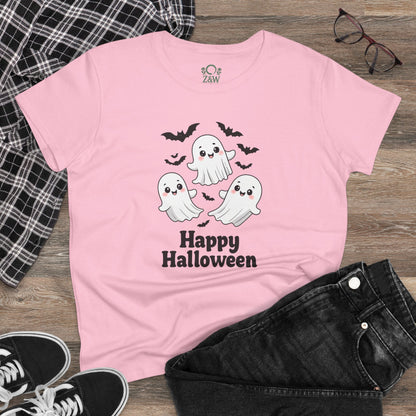 Cute Halloween Ghost T-Shirt for Kids & Adults featuring charming ghosts and bats, perfect for Halloween celebrations.