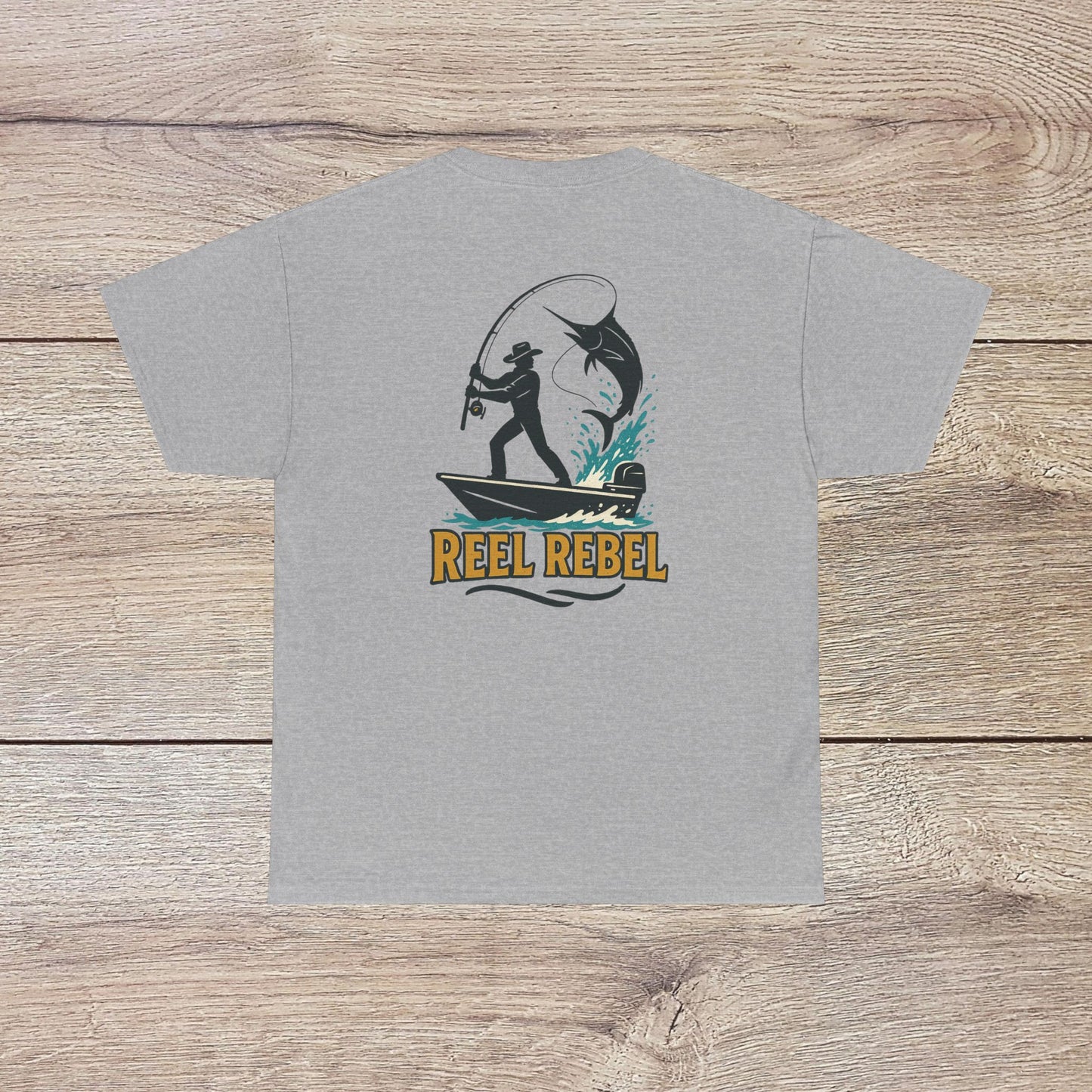 Fishing Adventure Tee in gray color with bold 'REEL REBEL' artwork. Great unisex heavy cotton shirt for summer outings and nature lovers.