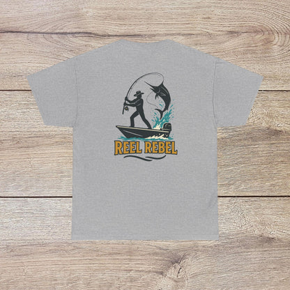 Fishing Adventure Tee in gray color with bold 'REEL REBEL' artwork. Great unisex heavy cotton shirt for summer outings and nature lovers.