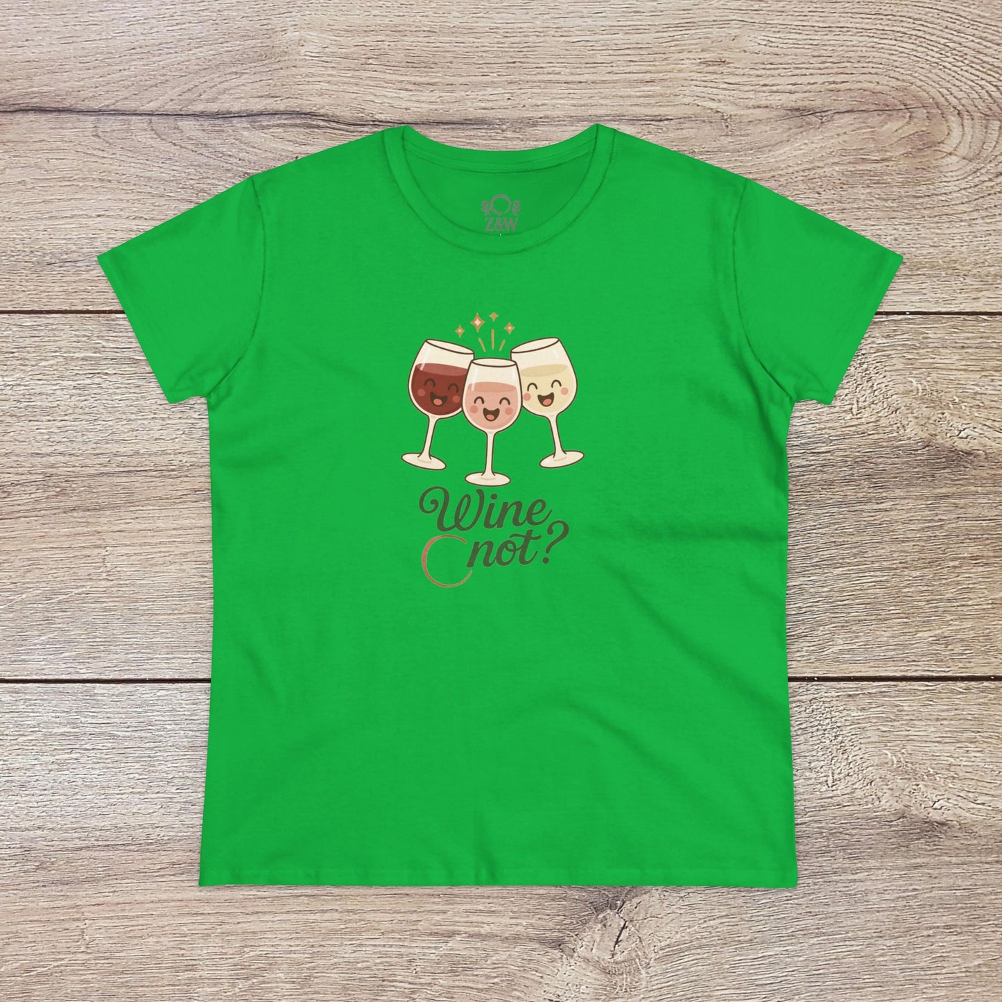 Wine Not Tee in vibrant green featuring three cheerful wine glasses. Made from 100% ring-spun cotton, with no side seams and a ribbed collar.