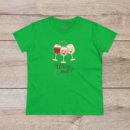 Wine Not Tee in vibrant green featuring three cheerful wine glasses. Made from 100% ring-spun cotton, with no side seams and a ribbed collar.