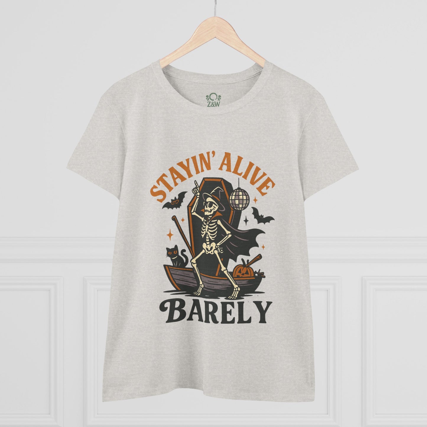 Front view of the heather grey Stayin’ Alive T-Shirt displaying a humorous skeleton graphic, perfect for Halloween celebrations.