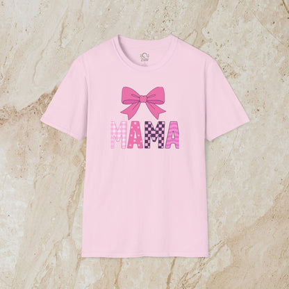 Mama Bow Tee - Seamless 100% Cotton T-Shirt in soft pink featuring a playful bow and vibrant 'MAMA' print, perfect for any casual outfit.