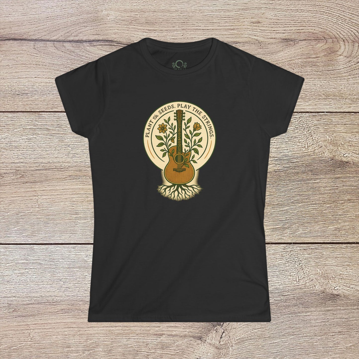 Cozy Plant Guitar Sweatshirt with Kangaroo Pocket and Adjustable Hood - Ethically Made showcasing a charming guitar and plant graphic on a black fabric.