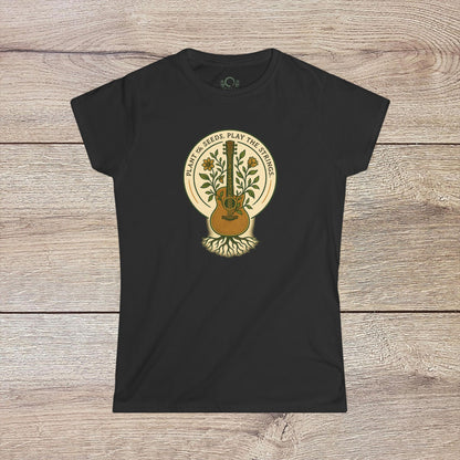 Cozy Plant Guitar Sweatshirt with Kangaroo Pocket and Adjustable Hood - Ethically Made showcasing a charming guitar and plant graphic on a black fabric.
