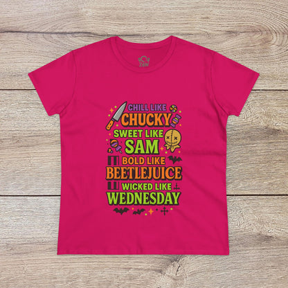 Spooktacular Horror Tee: Chill Like Chucky, Sweet Like Sam, Beetlejuice, Wednesday Addams, Halloween Shirt, Horror Fan Gift